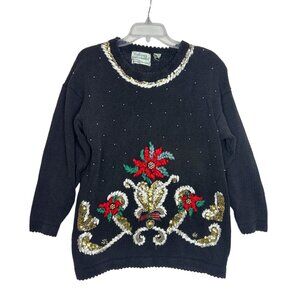 Vtg Colleen's Collectables Ugly Christmas Sweater 3D Poinsettia Sequin Ribbon